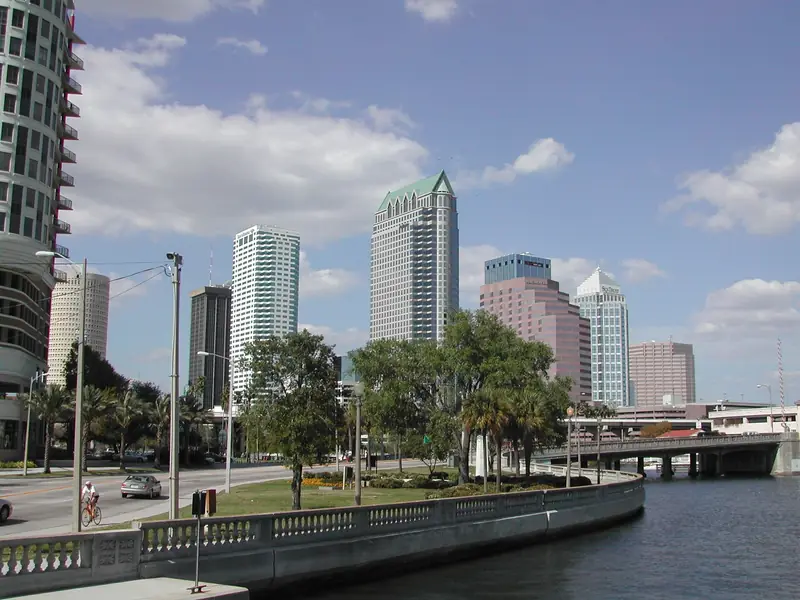 Downtown Tampa, Florida skyline with commercial buildings along the waterfront